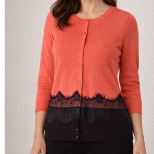 New York & Company Womens Lace Trim Cardigan Sweater Coral Black XL